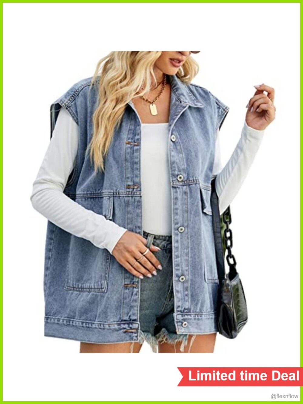 Oversized Denim Jean Vest with Pockets Button Front Sleeveless